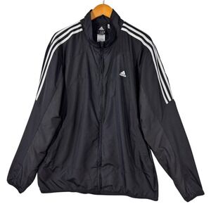 Adidas Men's Windbreaker Jacket XL Black Full Zip 3 Stripe Lightweight Athletic